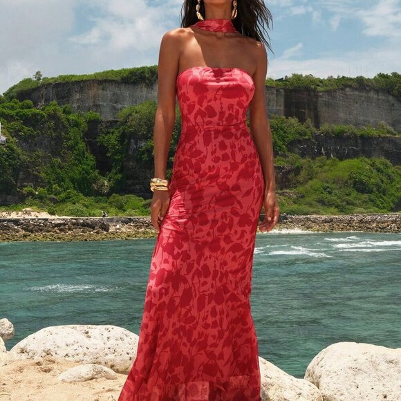 Red Casual Women's Beach Fairycore Wedding Party Elegant Knitted Mesh Print Form - Picture 3 of 8